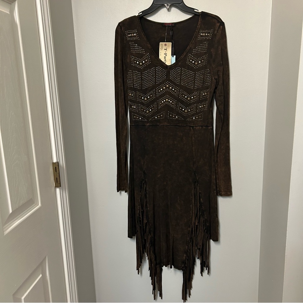 T Party Beaded Embroidered Fringe Mini Dress Mineral Wash Womens M Western Rodeo - Picture 4 of 16